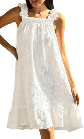 Women's Cotton Gauze Nightgown Sleeveless Ruffle Dress Frill Strap Short House Dress Comfy Sleepdress in Saudi Arabia