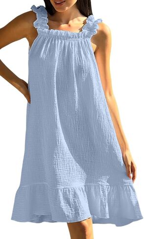 Women's Cotton Gauze Nightgown Sleeveless Ruffle Dress Frill Strap Short House Dress Comfy Sleepdress in Saudi Arabia