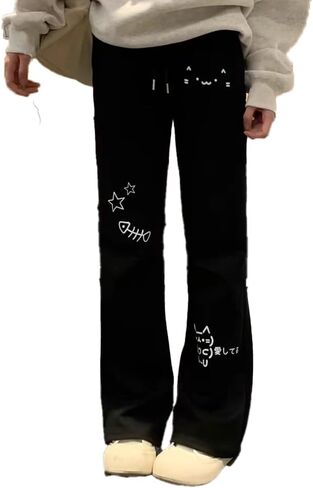 Y2K Cute Cat Print Kawaii Sweatpants for Women Casual Harajuku Cutecore Drawstring Elastic Straight Pants in Saudi Arabia