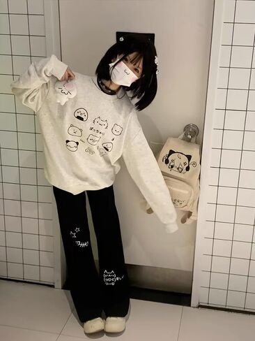 Y2K Cute Cat Print Kawaii Sweatpants for Women Casual Harajuku Cutecore Drawstring Elastic Straight Pants in Saudi Arabia