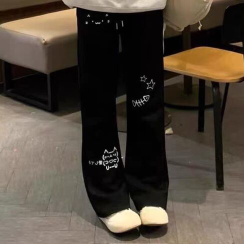 Y2K Cute Cat Print Kawaii Sweatpants for Women Casual Harajuku Cutecore Drawstring Elastic Straight Pants in Saudi Arabia