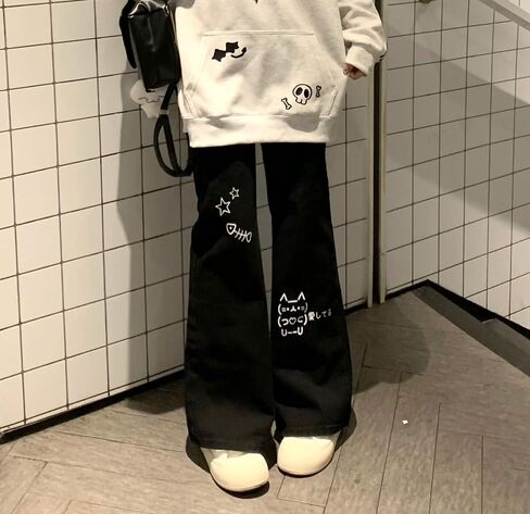 Y2K Cute Cat Print Kawaii Sweatpants for Women Casual Harajuku Cutecore Drawstring Elastic Straight Pants in Saudi Arabia