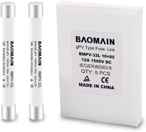 Baomain 1500VDC Solar PV Fuse, gPV-Type Fuse Link, Wire Fusible 10 x 85 mm 50kA Photovoltaic Fuses, BMPV-32L CE Pack of 5 (5 A, Ceramic) in Saudi Arabia