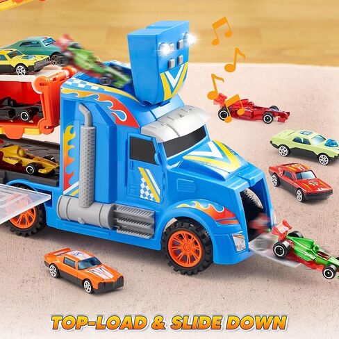 JOYIN Toy Truck for Kids,5-FT Race Track and 12 Die-Cast Metal Toy Cars, Racing Car with Lights & Sounds, Carrier Truck Playset Gift for 2 3 4 5 Years Old Boys and Girls-Black in Saudi Arabia
