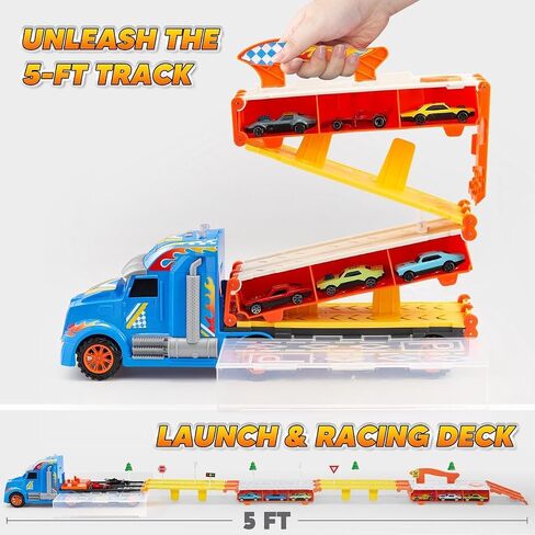 JOYIN Toy Truck for Kids,5-FT Race Track and 12 Die-Cast Metal Toy Cars, Racing Car with Lights & Sounds, Carrier Truck Playset Gift for 2 3 4 5 Years Old Boys and Girls-Black in Saudi Arabia