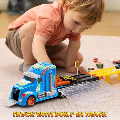 JOYIN Toy Truck for Kids,5-FT Race Track and 12 Die-Cast Metal Toy Cars, Racing Car with Lights & Sounds, Carrier Truck Playset Gift for 2 3 4 5 Years Old Boys and Girls-Black in Saudi Arabia