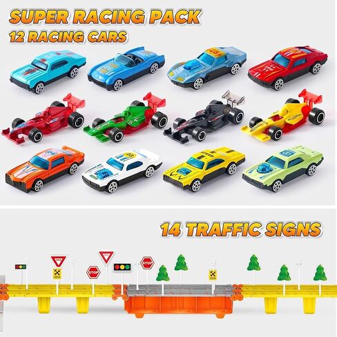 JOYIN Toy Truck for Kids,5-FT Race Track and 12 Die-Cast Metal Toy Cars, Racing Car with Lights & Sounds, Carrier Truck Playset Gift for 2 3 4 5 Years Old Boys and Girls-Black in Saudi Arabia