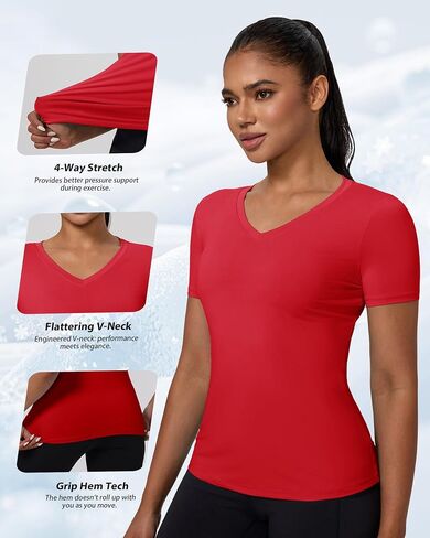 Women's V Neck Compression Shirts Short-Sleeve Athletic T-Shirt Slim Fit Workout Quick Dry Tops for Gym Sports in Saudi Arabia