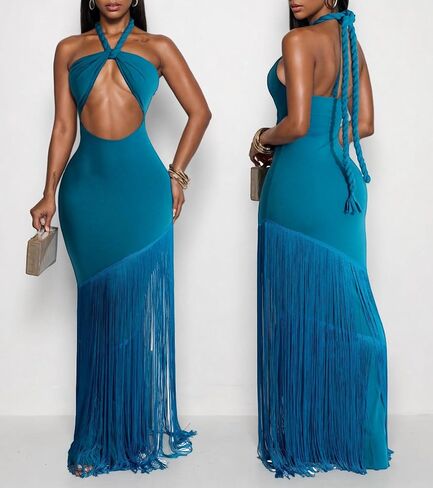Women's Sexy Halter Backless Maxi Dress Cut Out Sleeveless Bodycon Long Fringes Club Party Cocktail Dresses in Kuwait