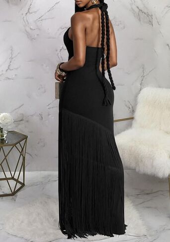 Women's Sexy Halter Backless Maxi Dress Cut Out Sleeveless Bodycon Long Fringes Club Party Cocktail Dresses in Kuwait