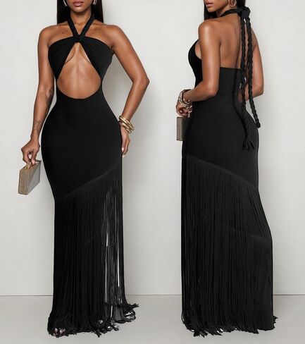 Women's Sexy Halter Backless Maxi Dress Cut Out Sleeveless Bodycon Long Fringes Club Party Cocktail Dresses in Kuwait