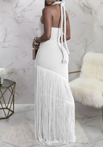 Women's Sexy Halter Backless Maxi Dress Cut Out Sleeveless Bodycon Long Fringes Club Party Cocktail Dresses in Kuwait