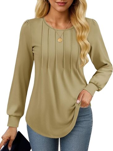 YUCOLEN Long Sleeve Shirts for Women Tunic Tops for Leggings Pleated Scoop Neck Puff Sleeve Blouses Dressy Casual S-XXL in Saudi Arabia