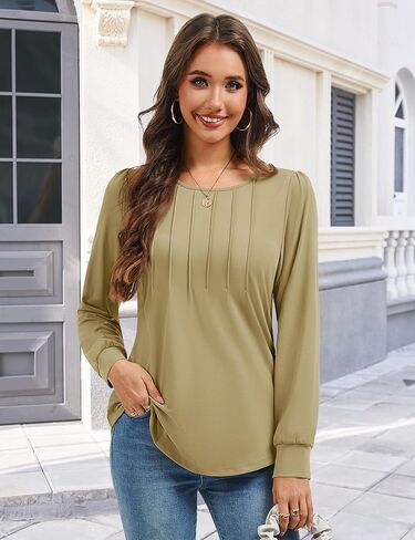 YUCOLEN Long Sleeve Shirts for Women Tunic Tops for Leggings Pleated Scoop Neck Puff Sleeve Blouses Dressy Casual S-XXL in Saudi Arabia