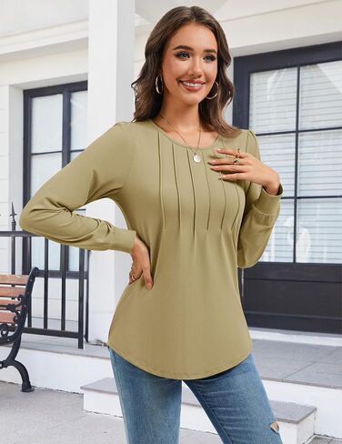 YUCOLEN Long Sleeve Shirts for Women Tunic Tops for Leggings Pleated Scoop Neck Puff Sleeve Blouses Dressy Casual S-XXL in Saudi Arabia
