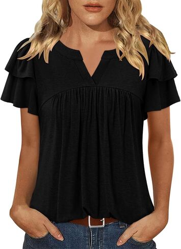 BETTE BOUTIK Womens Crewneck Short Sleeve Summer Tops Pleated Tunic Shirts S-3XL in Kuwait