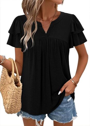 BETTE BOUTIK Womens Crewneck Short Sleeve Summer Tops Pleated Tunic Shirts S-3XL in Kuwait