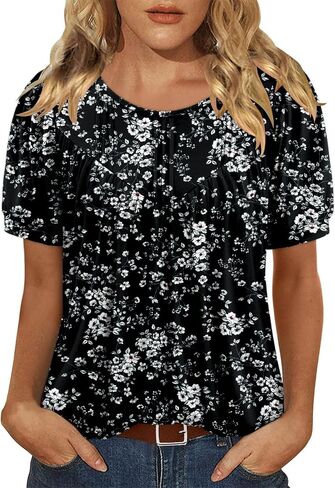 BETTE BOUTIK Womens Crewneck Short Sleeve Summer Tops Pleated Tunic Shirts S-3XL in Kuwait