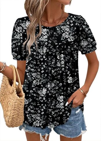 BETTE BOUTIK Womens Crewneck Short Sleeve Summer Tops Pleated Tunic Shirts S-3XL in Kuwait