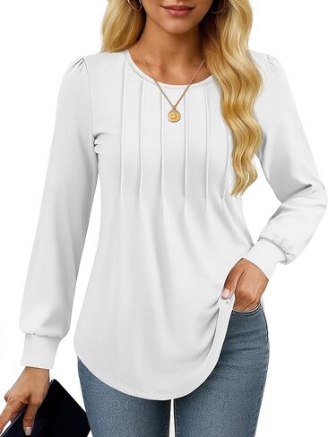 YUCOLEN Long Sleeve Shirts for Women Tunic Tops for Leggings Pleated Scoop Neck Puff Sleeve Blouses Dressy Casual S-XXL in Saudi Arabia