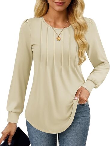YUCOLEN Long Sleeve Shirts for Women Tunic Tops for Leggings Pleated Scoop Neck Puff Sleeve Blouses Dressy Casual S-XXL in Saudi Arabia