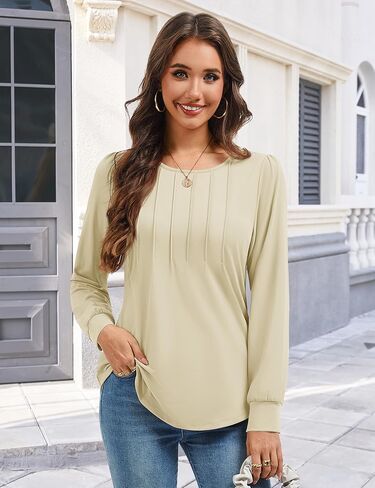 YUCOLEN Long Sleeve Shirts for Women Tunic Tops for Leggings Pleated Scoop Neck Puff Sleeve Blouses Dressy Casual S-XXL in Saudi Arabia