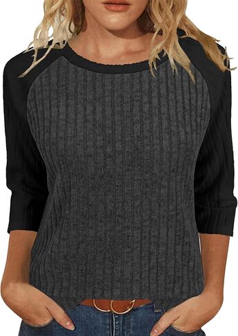 Heymiss Womens Sweaters 3/4 Sleeve Shirts Lightweight Loose Casual Blouses Color Block Tunic Tops in Kuwait