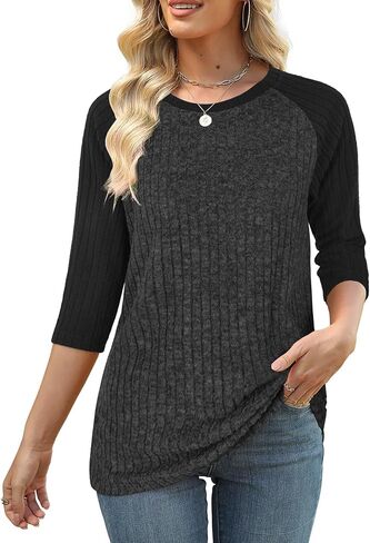Heymiss Womens Sweaters 3/4 Sleeve Shirts Lightweight Loose Casual Blouses Color Block Tunic Tops in Kuwait