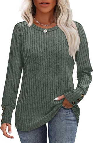 Ofeefan قمصان طويلة الأكمام للسترات الصوفية للنساء الزر بالإضافة إلى الحجم أزياء ملابس السترات أو قمم التآكل مع طماق in Kuwait