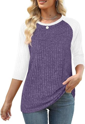 Heymiss Womens Sweaters 3/4 Sleeve Shirts Lightweight Loose Casual Blouses Color Block Tunic Tops in Kuwait