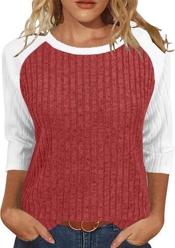 Heymiss Womens Sweaters 3/4 Sleeve Shirts Lightweight Loose Casual Blouses Color Block Tunic Tops in Kuwait