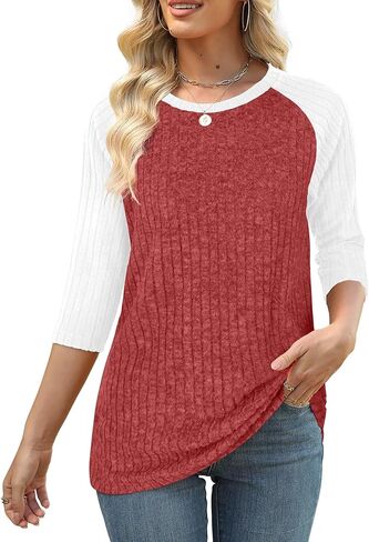 Heymiss Womens Sweaters 3/4 Sleeve Shirts Lightweight Loose Casual Blouses Color Block Tunic Tops in Kuwait