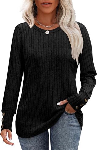 Ofeefan قمصان طويلة الأكمام للسترات الصوفية للنساء الزر بالإضافة إلى الحجم أزياء ملابس السترات أو قمم التآكل مع طماق in Kuwait