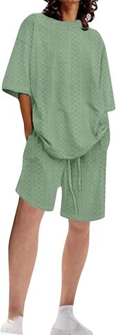 Womens Summer Beach Vacation Outfits 2024 2 Piece Short Set Oversized Tshirt Bermuda Shorts Matching Lounge Sets in Saudi Arabia