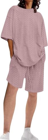 Womens Summer Beach Vacation Outfits 2024 2 Piece Short Set Oversized Tshirt Bermuda Shorts Matching Lounge Sets in Saudi Arabia