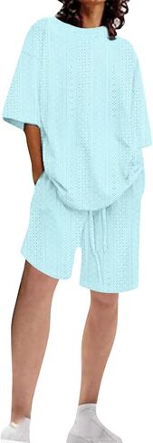 Womens Summer Beach Vacation Outfits 2024 2 Piece Short Set Oversized Tshirt Bermuda Shorts Matching Lounge Sets in Saudi Arabia