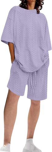 Womens Summer Beach Vacation Outfits 2024 2 Piece Short Set Oversized Tshirt Bermuda Shorts Matching Lounge Sets in Saudi Arabia