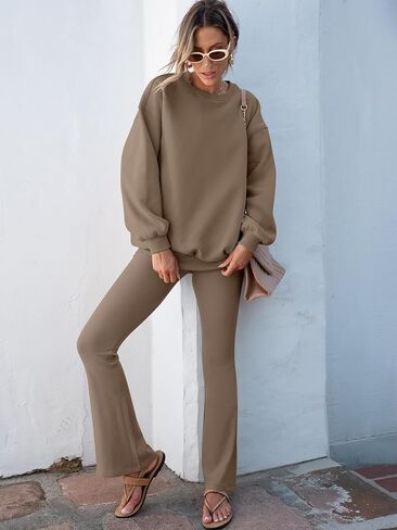 ANRABESS Women 2 Piece Sweatsuits Lounge Set Oversized Fleece Crewneck Sweatshirts Flare Pants 2025 Fall Outfits Clothes in Saudi Arabia