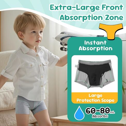 Carer Washable Incontinence Underwear for Boys with Front Absorbency 80ml Kids Incontinence Boxer Briefs Reusable Cotton Leak Proof Underwear for Teen Boys Age 4-18, 3pk L (2 Black, 1 Gray) in Saudi Arabia