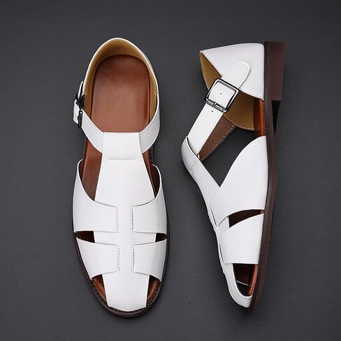 Men's Closed-Toe Flat Fisherman Sandals Lightweight Non-Slip Adjustable Hook & Loop Leather Wading Sandals for Summer Beach Casual Daily Wear in Kuwait