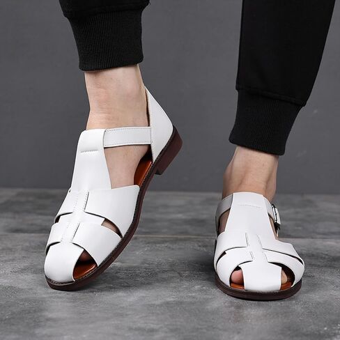 Men's Closed-Toe Flat Fisherman Sandals Lightweight Non-Slip Adjustable Hook & Loop Leather Wading Sandals for Summer Beach Casual Daily Wear in Kuwait