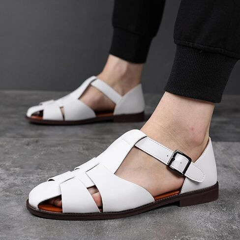 Men's Closed-Toe Flat Fisherman Sandals Lightweight Non-Slip Adjustable Hook & Loop Leather Wading Sandals for Summer Beach Casual Daily Wear in Kuwait