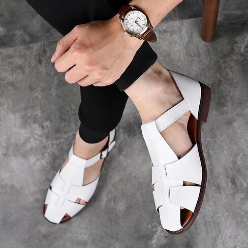 Men's Closed-Toe Flat Fisherman Sandals Lightweight Non-Slip Adjustable Hook & Loop Leather Wading Sandals for Summer Beach Casual Daily Wear in Kuwait