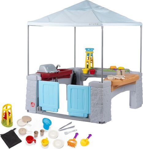 Step2 في جميع أنحاء Playtime Patio مع Canopy PlaySet - Playhouse المظللة في الهواء الطلق للأطفال مع ميزات واقعية وتفاعلية ، مساحة للعديد من الأطفال الصغار للعب - الأبعاد: 60 "H x 47.5" W × 47.5 "د. in Kuwait