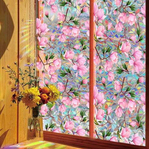 Rainbow Magnolia Flower Window Privacy Film Sun Blocking 3D Decorative PVC Stained Glass Window Decals Non-Adhesive Static Cling Sticker for Home Office,16.93 x 39.37 Inch in Saudi Arabia