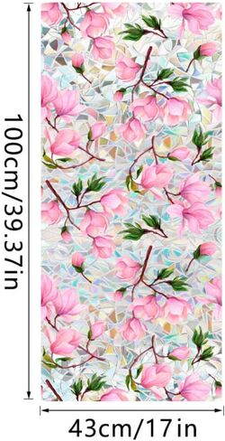 Rainbow Magnolia Flower Window Privacy Film Sun Blocking 3D Decorative PVC Stained Glass Window Decals Non-Adhesive Static Cling Sticker for Home Office,16.93 x 39.37 Inch in Saudi Arabia