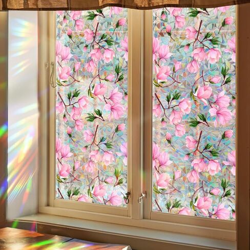 Rainbow Magnolia Flower Window Privacy Film Sun Blocking 3D Decorative PVC Stained Glass Window Decals Non-Adhesive Static Cling Sticker for Home Office,16.93 x 39.37 Inch in Saudi Arabia