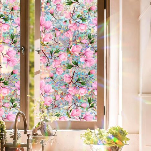 Rainbow Magnolia Flower Window Privacy Film Sun Blocking 3D Decorative PVC Stained Glass Window Decals Non-Adhesive Static Cling Sticker for Home Office,16.93 x 39.37 Inch in Saudi Arabia