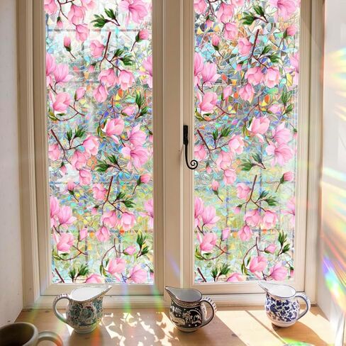 Rainbow Magnolia Flower Window Privacy Film Sun Blocking 3D Decorative PVC Stained Glass Window Decals Non-Adhesive Static Cling Sticker for Home Office,16.93 x 39.37 Inch in Saudi Arabia