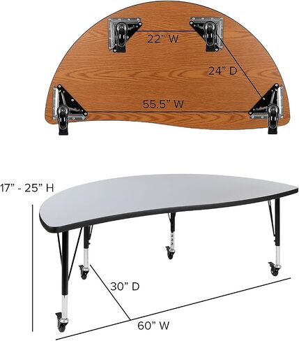 Flash Furniture Mobile 60" Half Circle Wave Collaborative Grey Thermal Laminate Activity Table - Height Adjustable Short Legs in Saudi Arabia